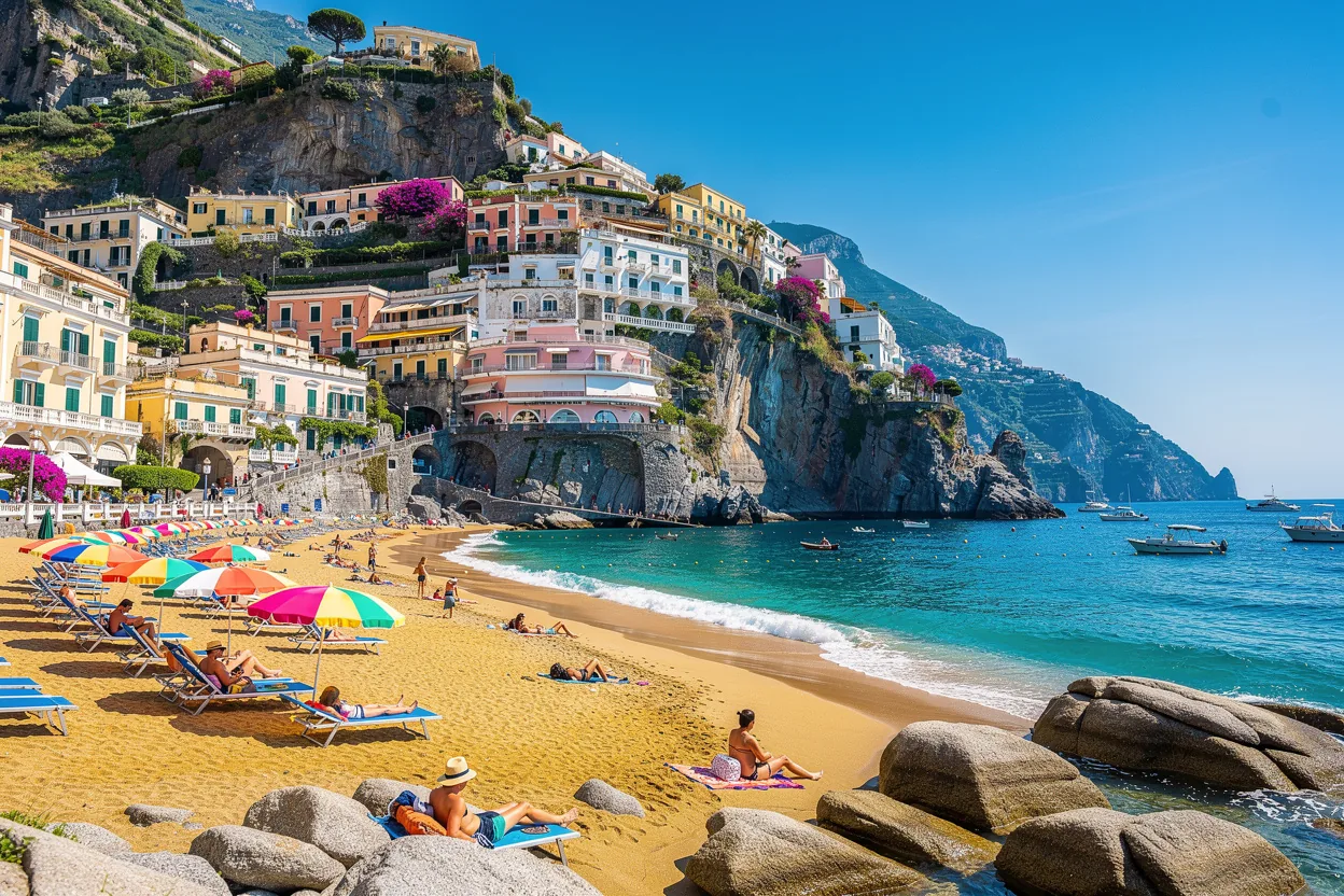 Colorful cliffside beach along Italy's Amalfi Coast