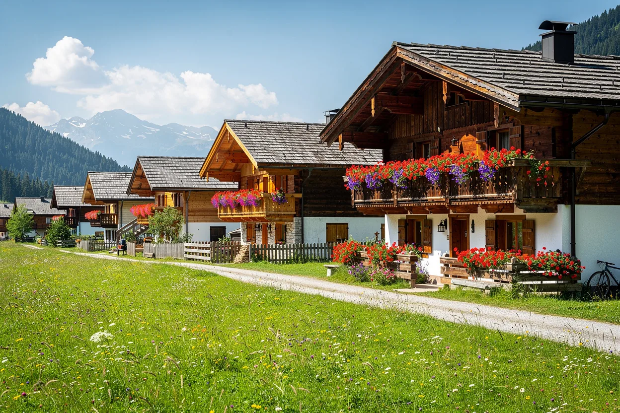 A quiet Alpine village tucked among the mountains