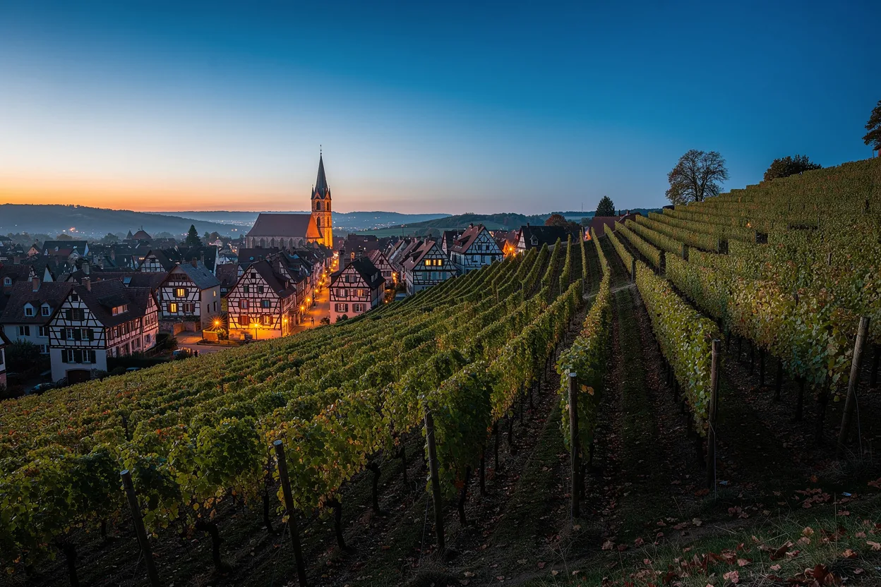 Rows of vines across the Alsace wine country