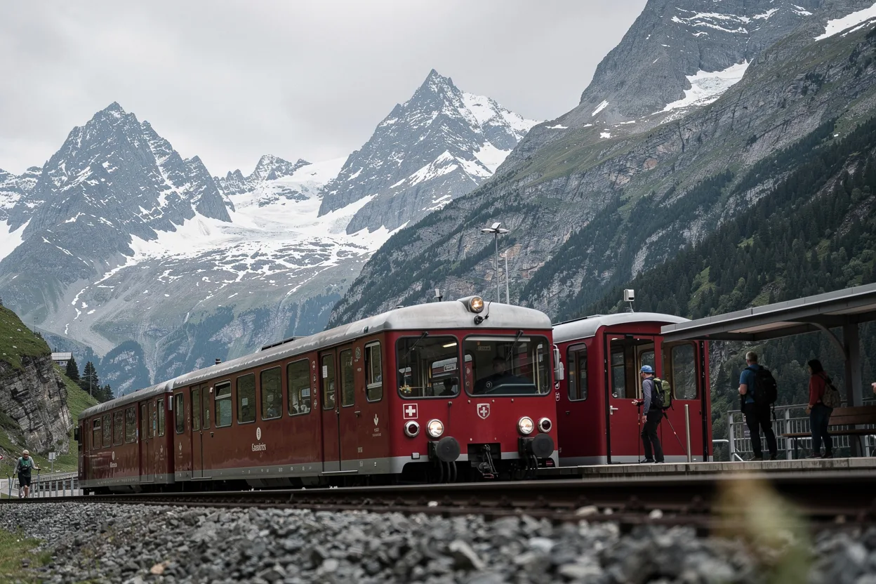 Panoramic train winding through the Swiss Alps
