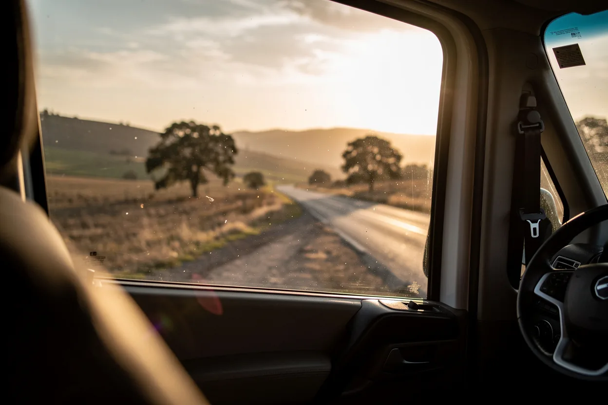 Private minivan on the road through the Alsace countryside