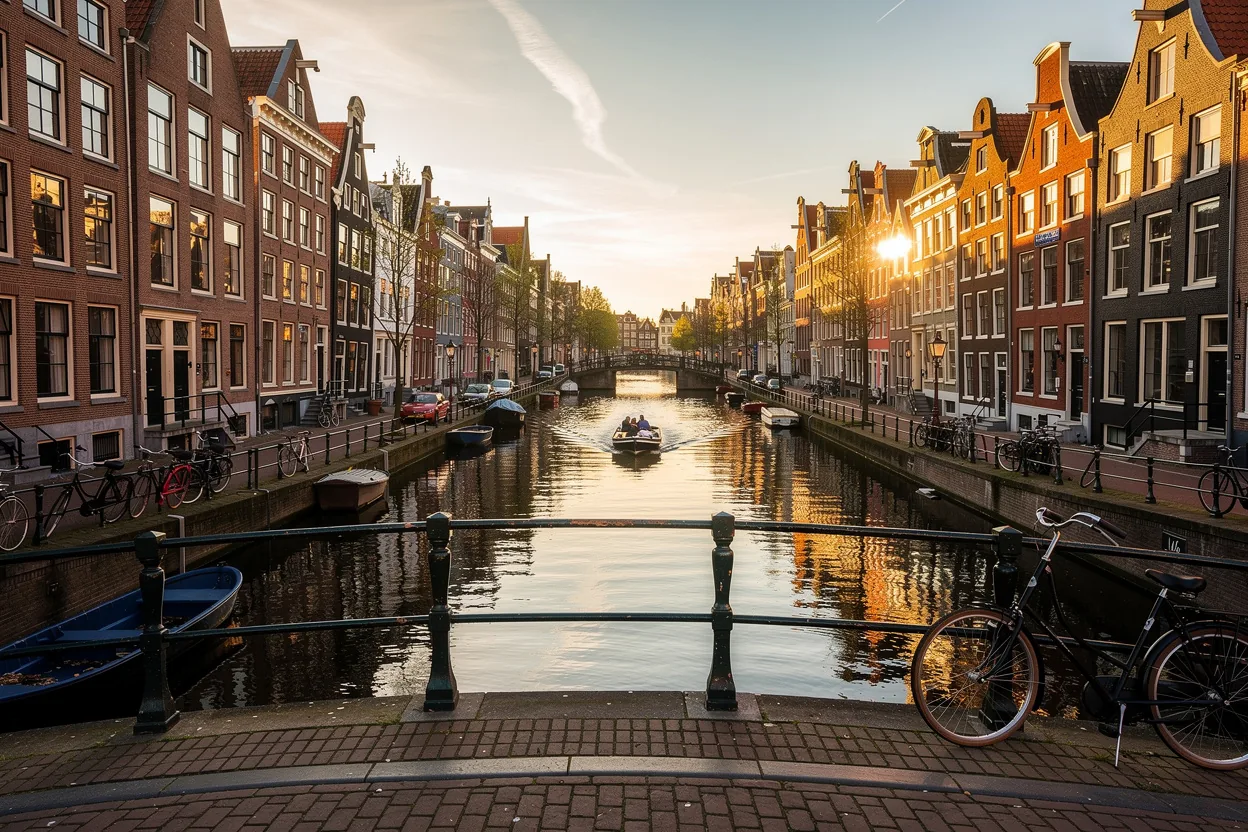 Amsterdam canals lined with houseboats and bicycles