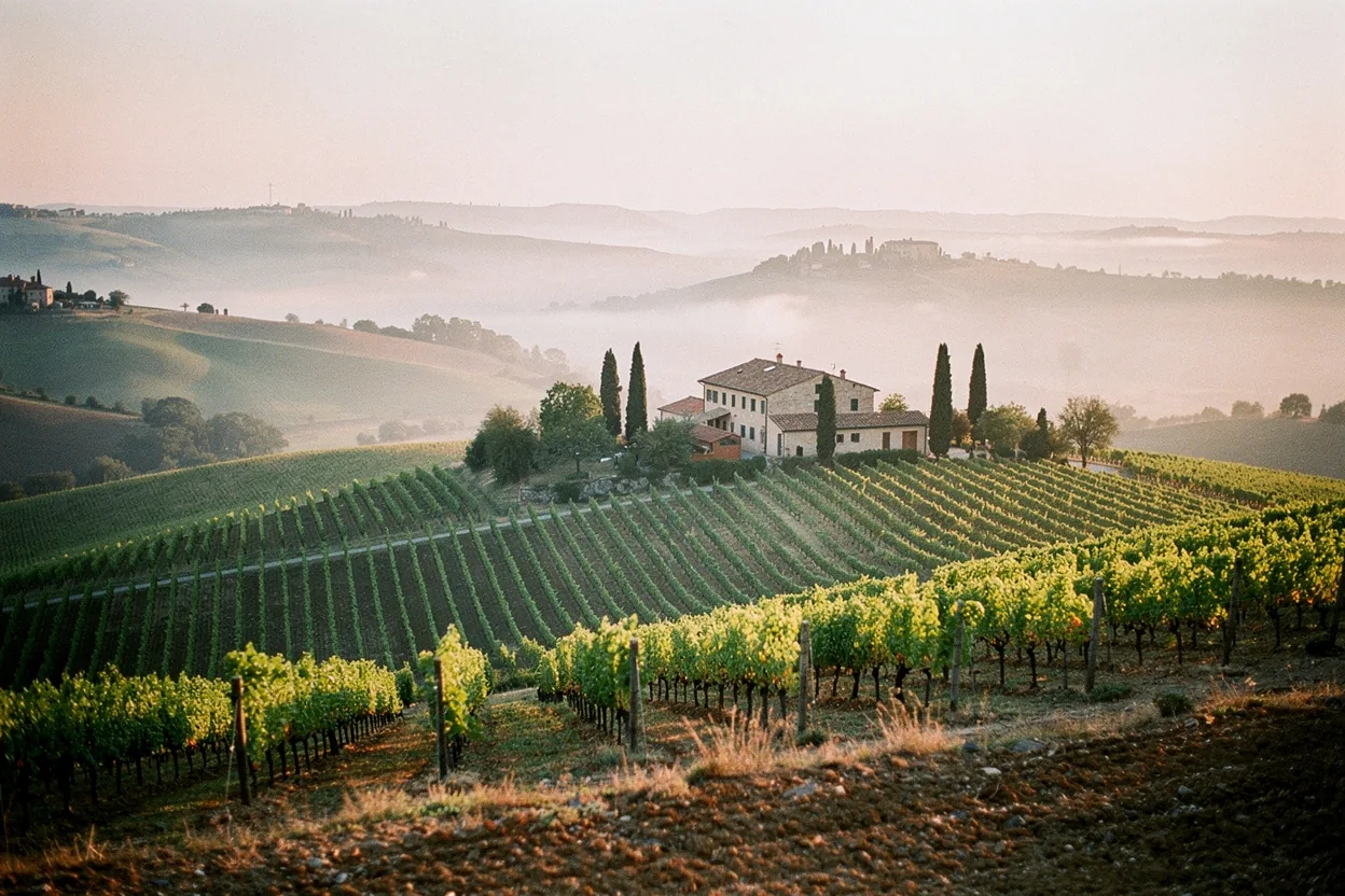 Rolling Tuscan vineyard landscape