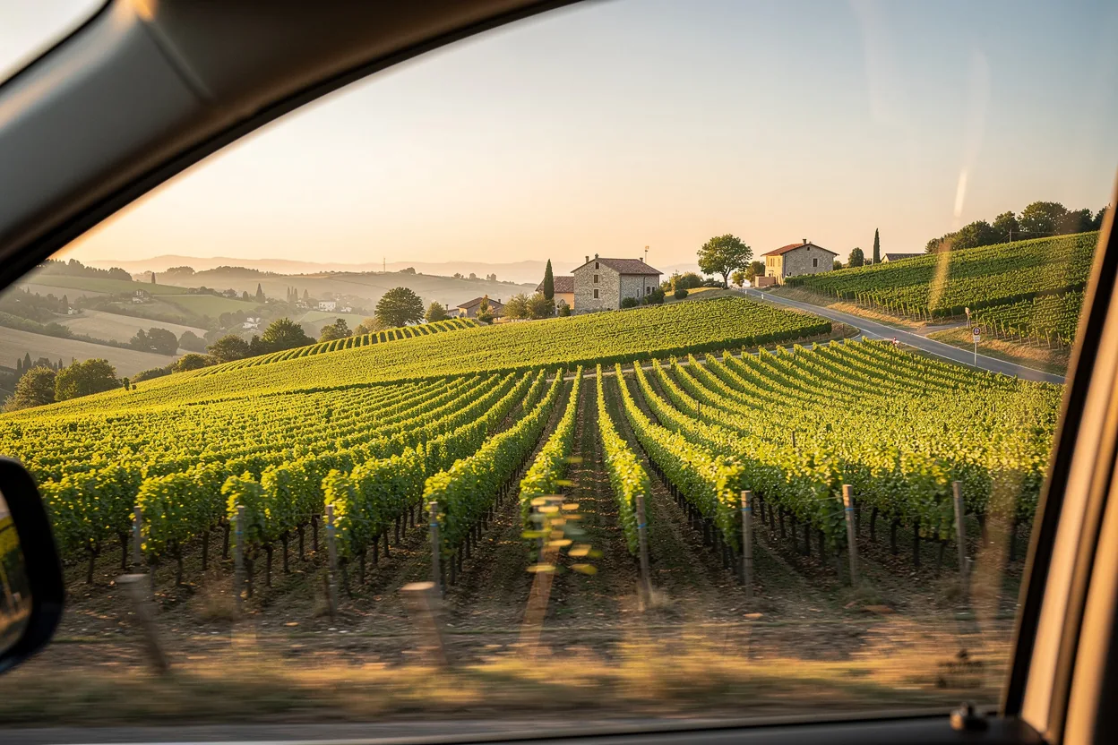Rolling vineyards across the European countryside