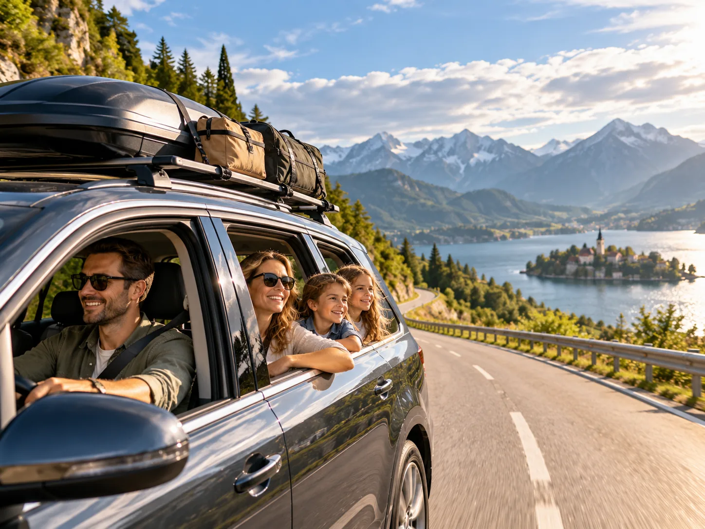 A private van parked beside a scenic European lake during a road trip