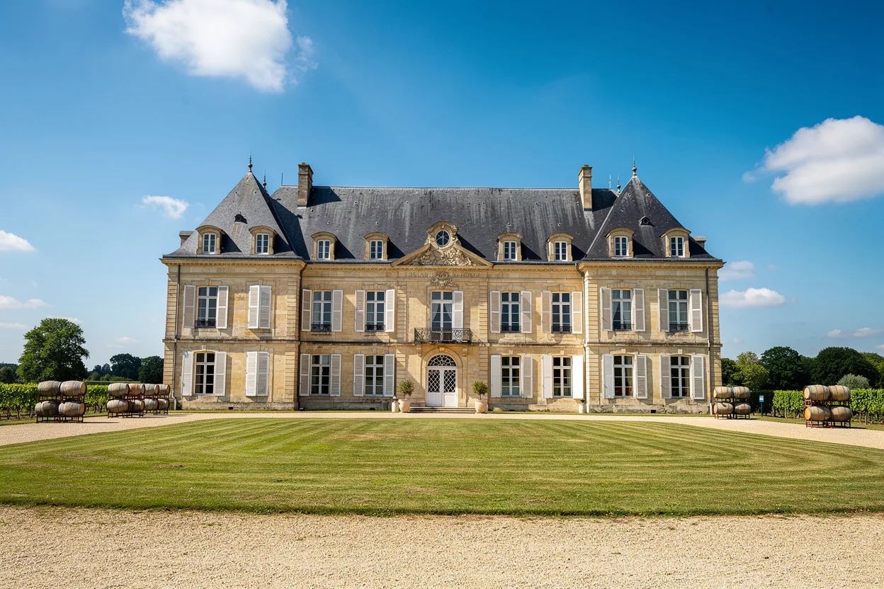 A grand château surrounded by vineyards in the Bordeaux region