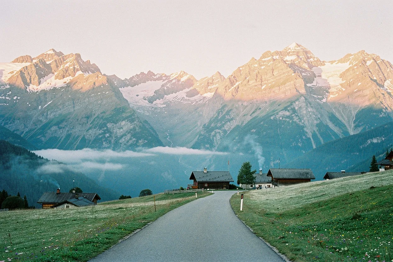 A dramatic mountain pass winding through the Alps
