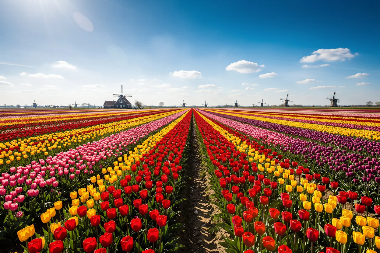 Colorful tulip fields and windmills in the Netherlands