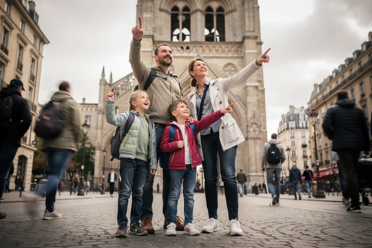 A family sightseeing together in a European city